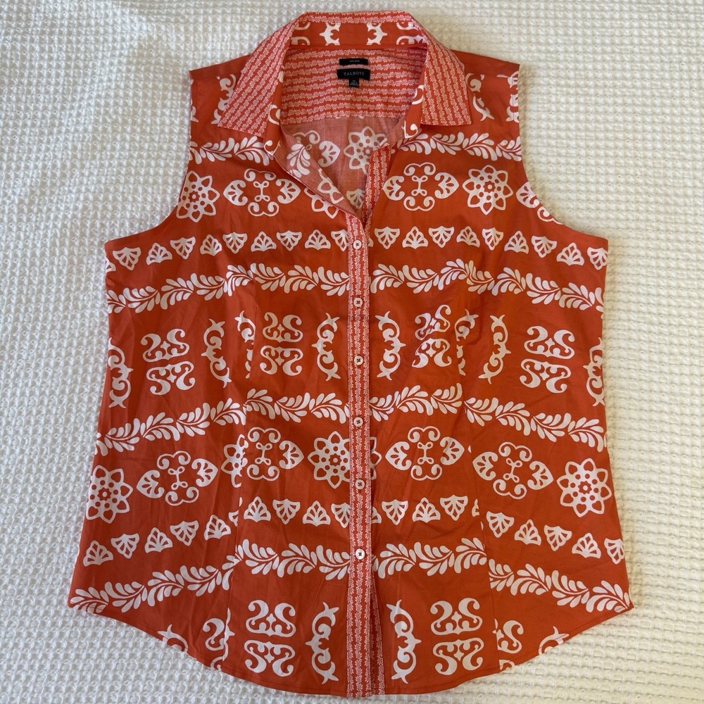 Talbots Womens Orange White Medallion Non-Iron Sleeveless Button Up Blouse 16